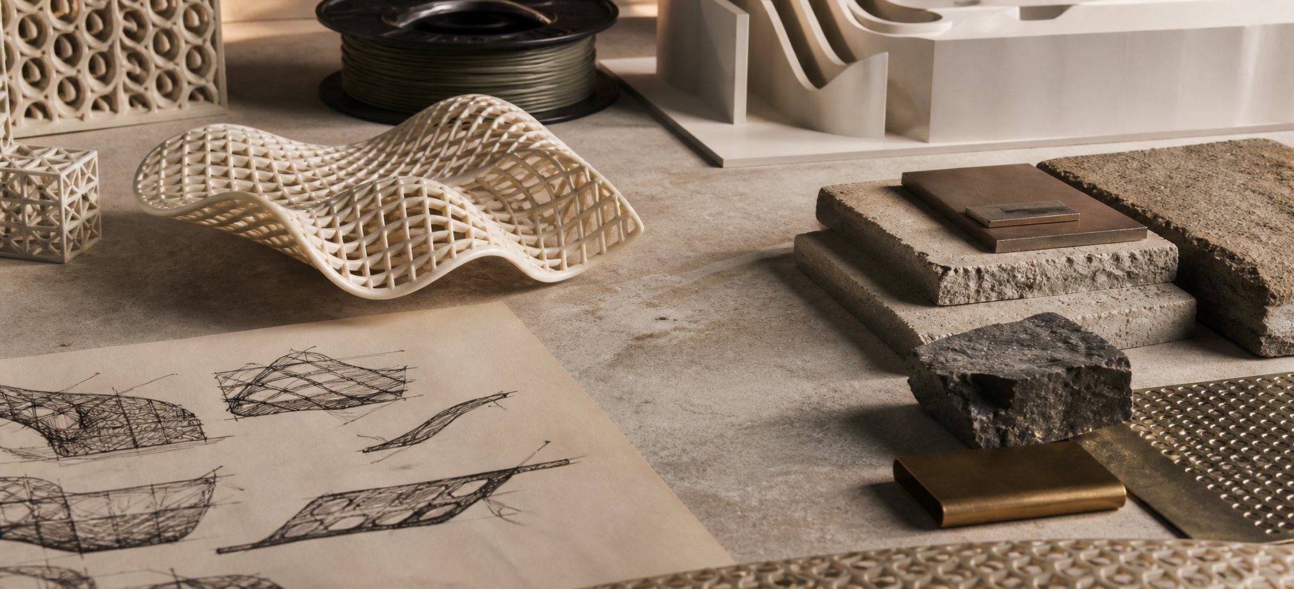 Architectural fabrication table with prototypes and materials