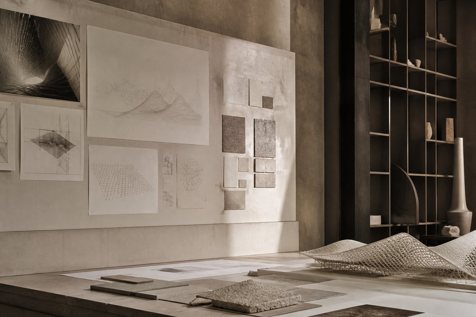 Architecture studio material board and parametric model
